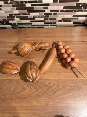 Vintage Hand-Carved Decorative Wood Fruit Set - Natural Brown